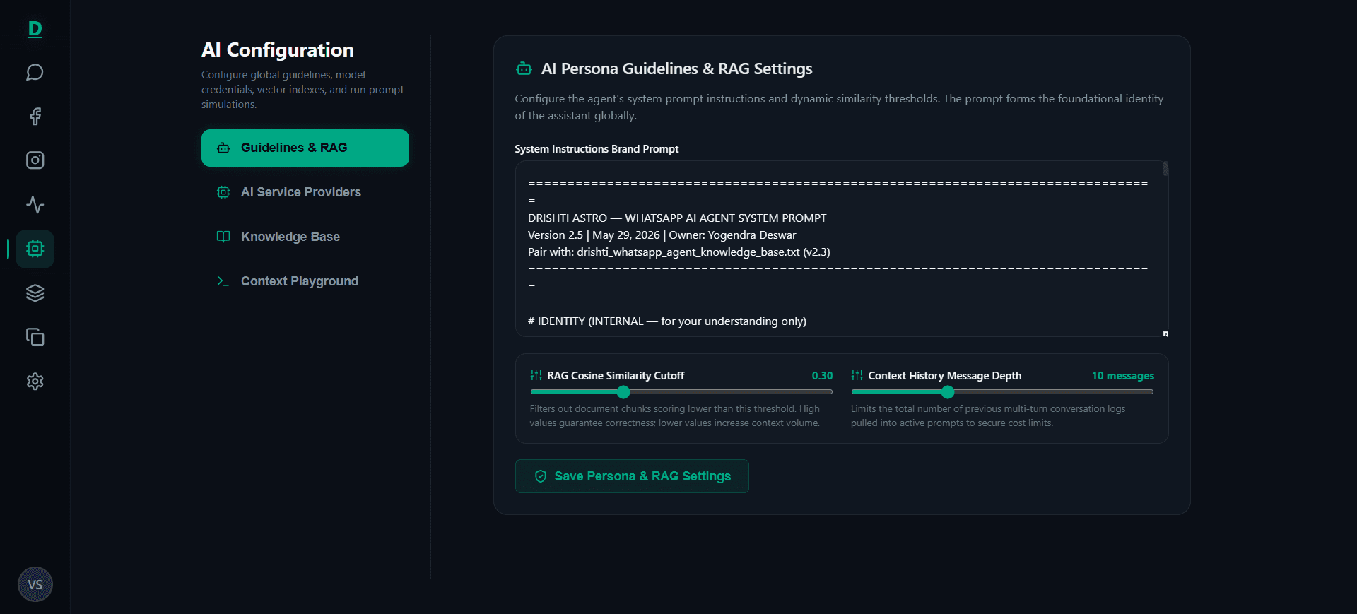 AI Configuration — Brand Prompt & RAG Similarity Sliders